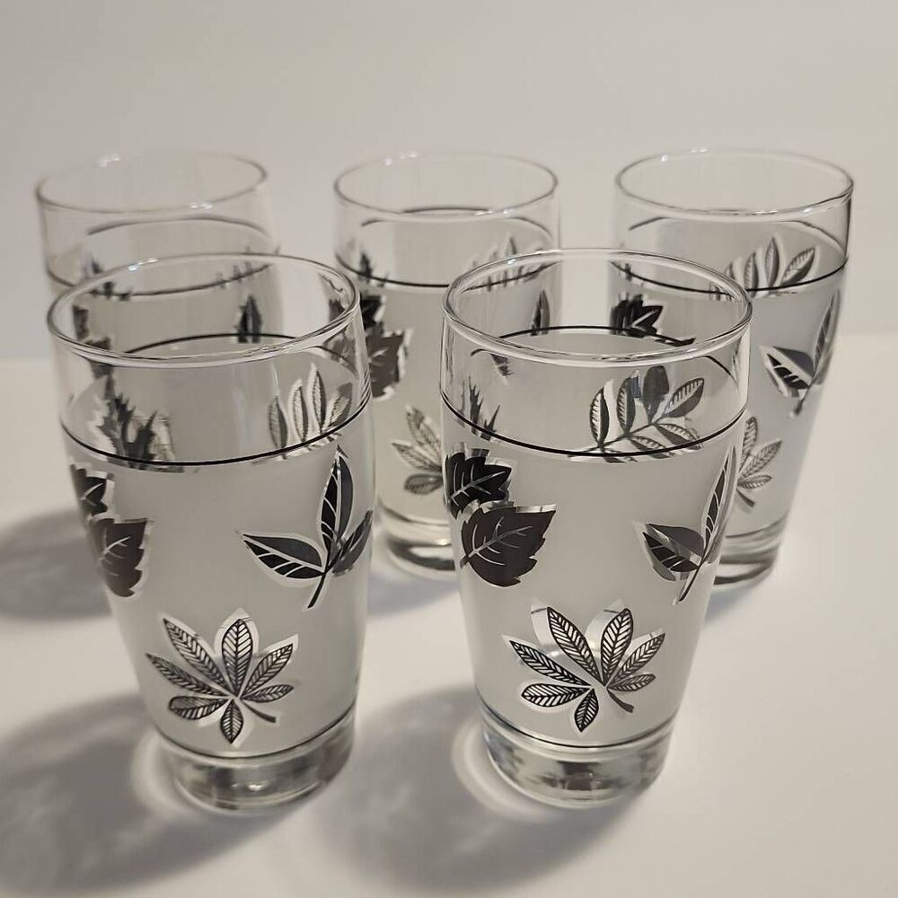 Libbey Vintage Frosted Silver Leaf Set Of 5 10oz Glasses
